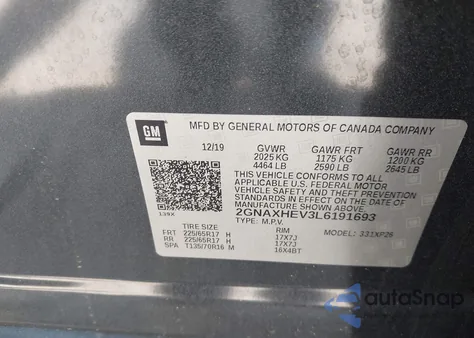 2020 Chevrolet Equinox Fwd Ls z USA, uszkodzony, nr VIN 2GNAXHEV3L6191693